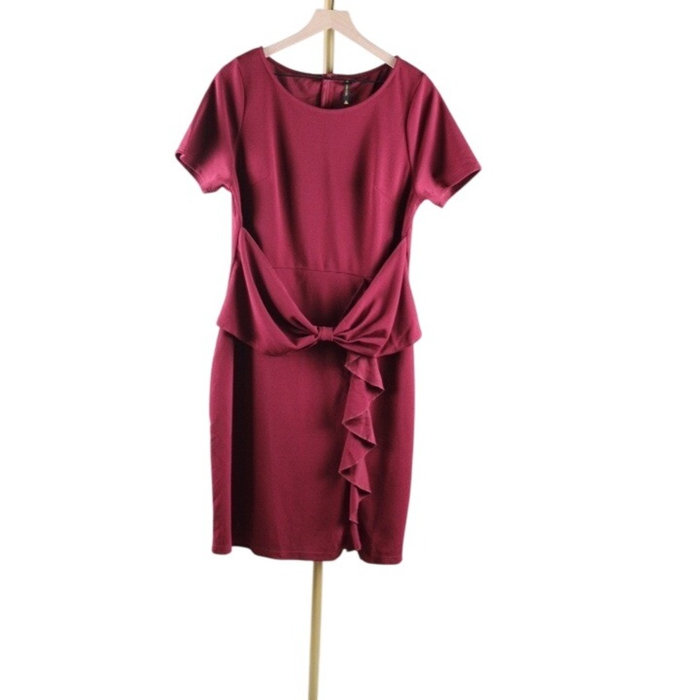Miusol Burgundy Bow Ruffle Sheath Dress P9746 Short Sleeve 1XL